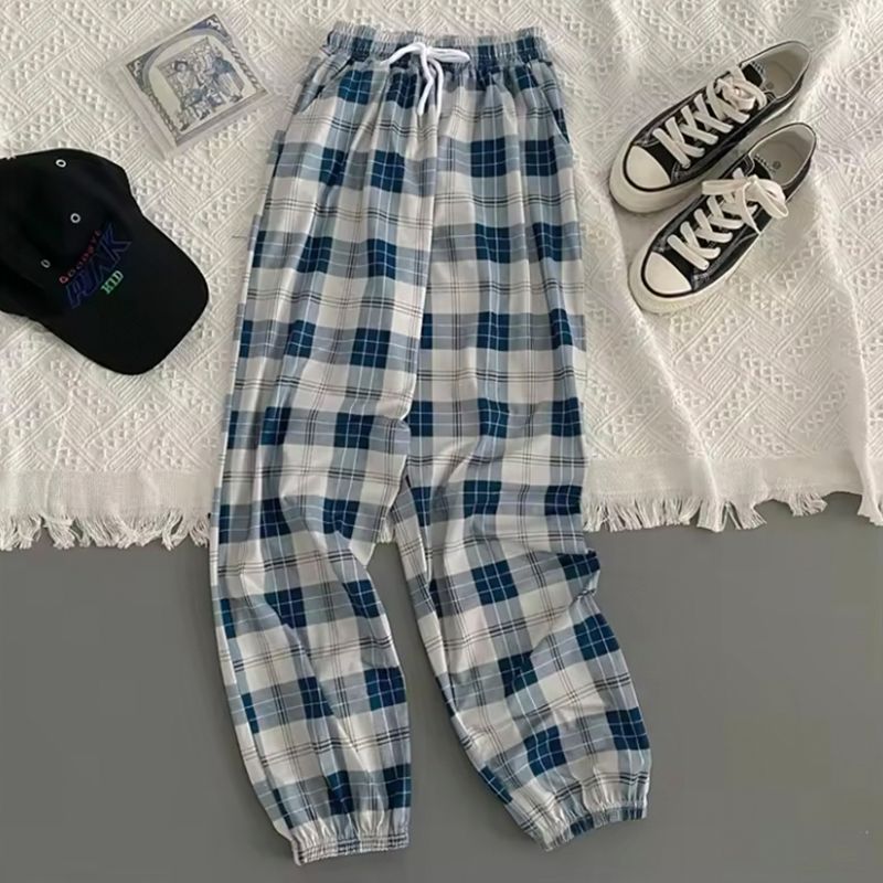 blue_Women’s Loose-Fit Plaid Pants