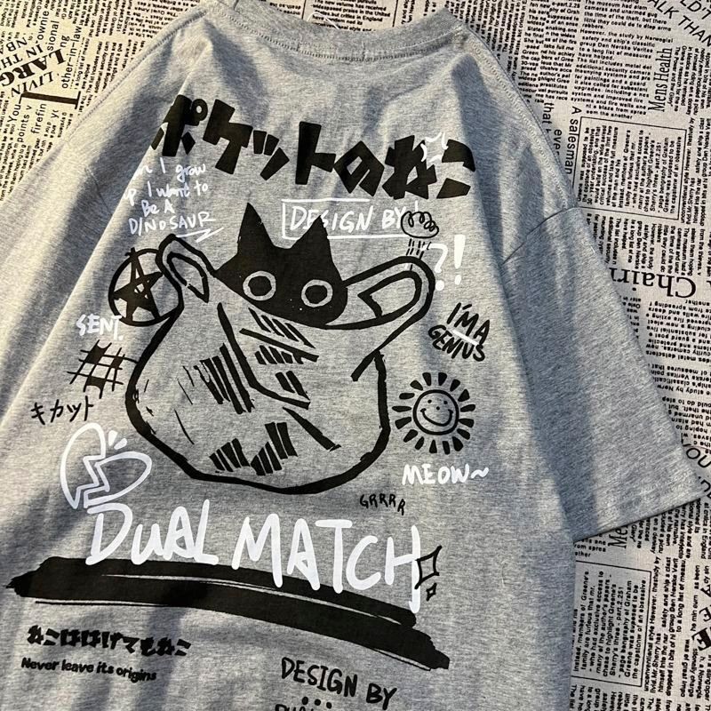 back_grey_Retro Cat Print Oversized T-Shirt