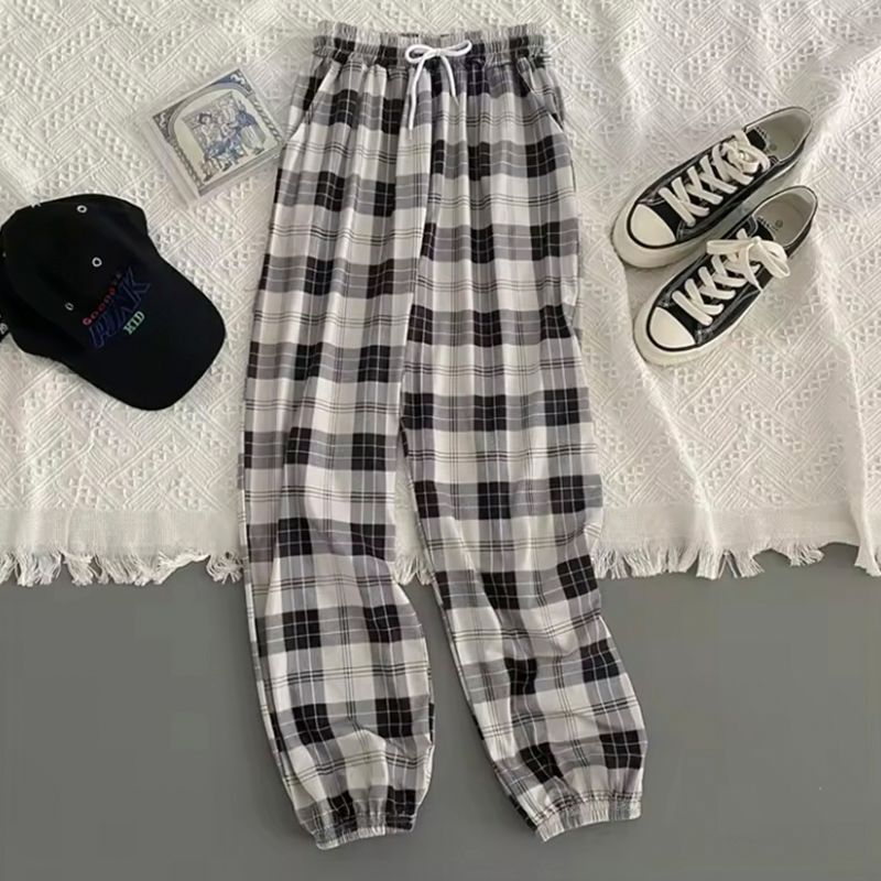 grey_Women’s Loose-Fit Plaid Pants